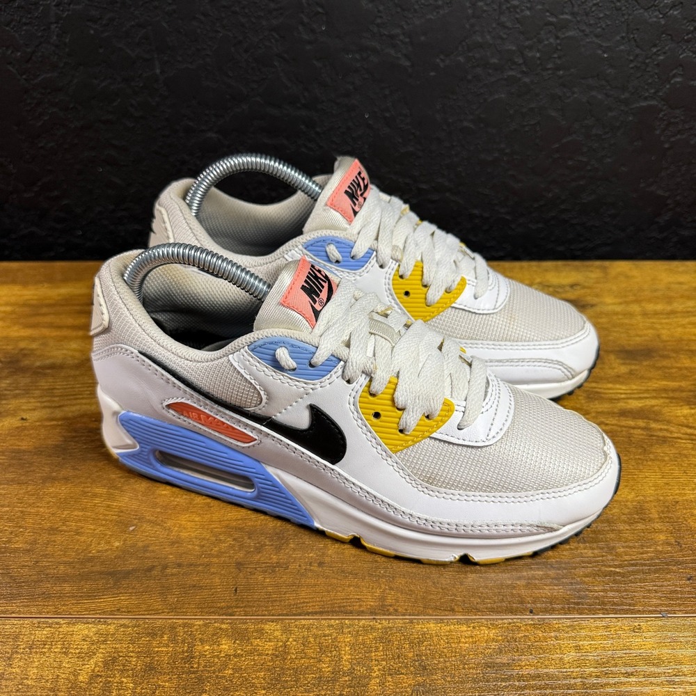 Nike Air Max 90 CZ3950-100 White Blue Yellow Leather Sneakers Womens Size 8